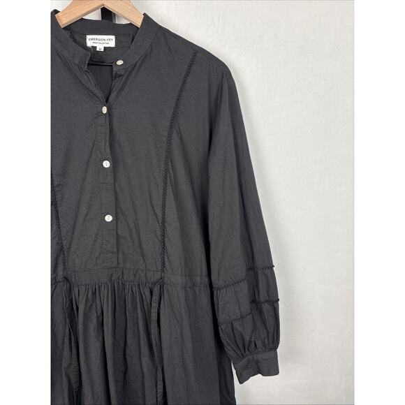 Emerson Fry India Shirtdress Medium Black Organic Cotton Dress Boho Quiet Luxury - Picture 3 of 12